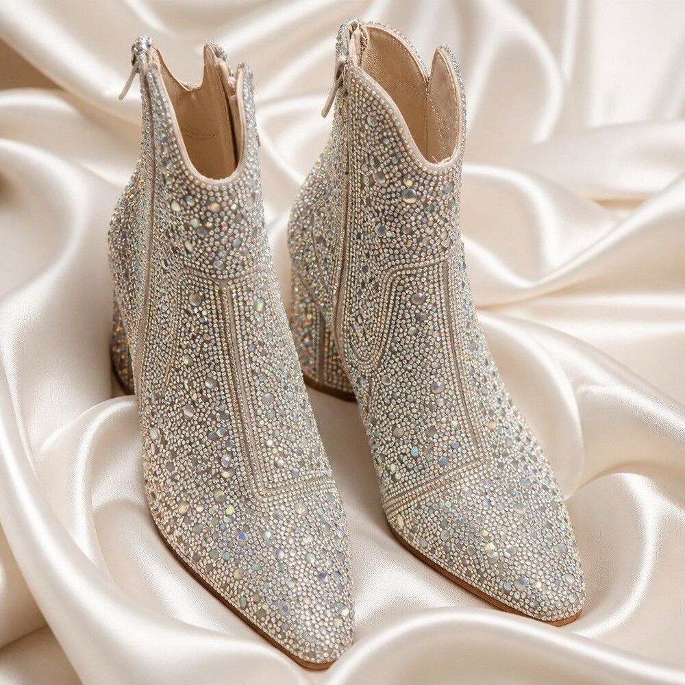 Betsey Johnson SB-DIVA Rhinestone Western Boots Size 5.5 Silver Glam NIB
